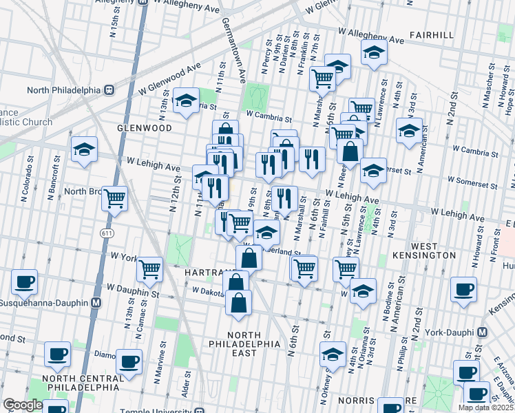 map of restaurants, bars, coffee shops, grocery stores, and more near 2618 North Darien Street in Philadelphia