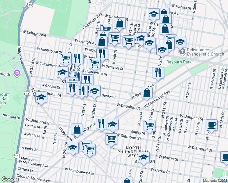 map of restaurants, bars, coffee shops, grocery stores, and more near 2526 West York Street in Philadelphia