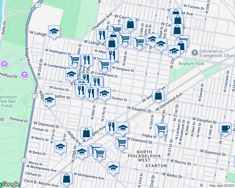 map of restaurants, bars, coffee shops, grocery stores, and more near 2342 North 26th Street in Philadelphia