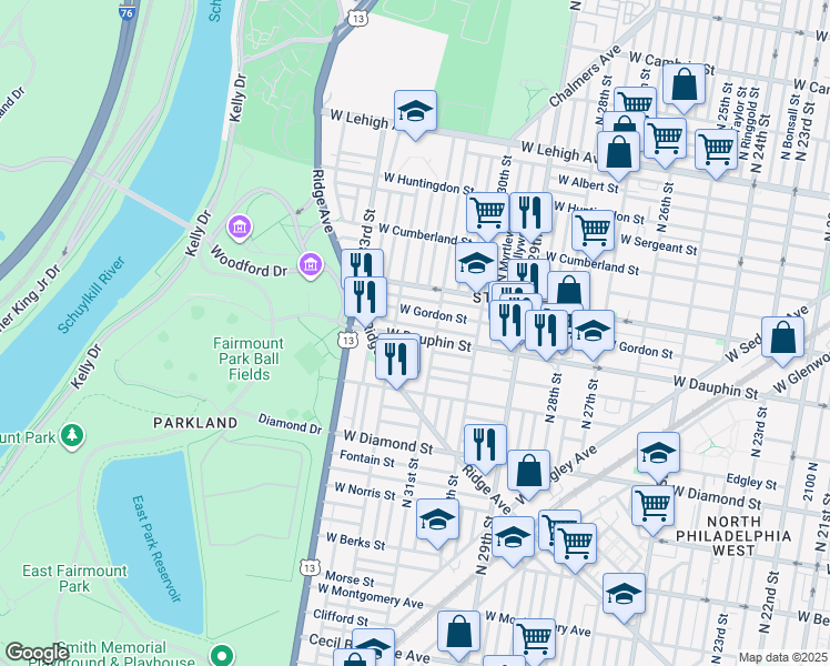 map of restaurants, bars, coffee shops, grocery stores, and more near 3121 West Dauphin Street in Philadelphia