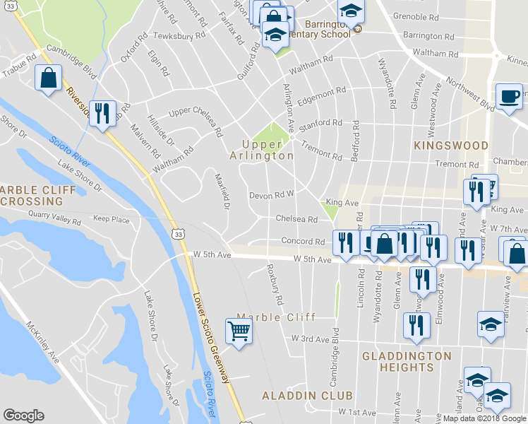 map of restaurants, bars, coffee shops, grocery stores, and more near 1751 Roxbury Road in Columbus