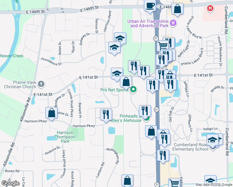 map of restaurants, bars, coffee shops, grocery stores, and more near 13972 Whittier Drive in Fishers