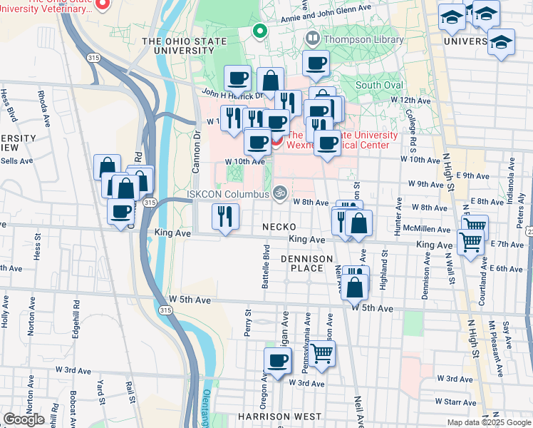 map of restaurants, bars, coffee shops, grocery stores, and more near 1498 Belmont Avenue in Columbus
