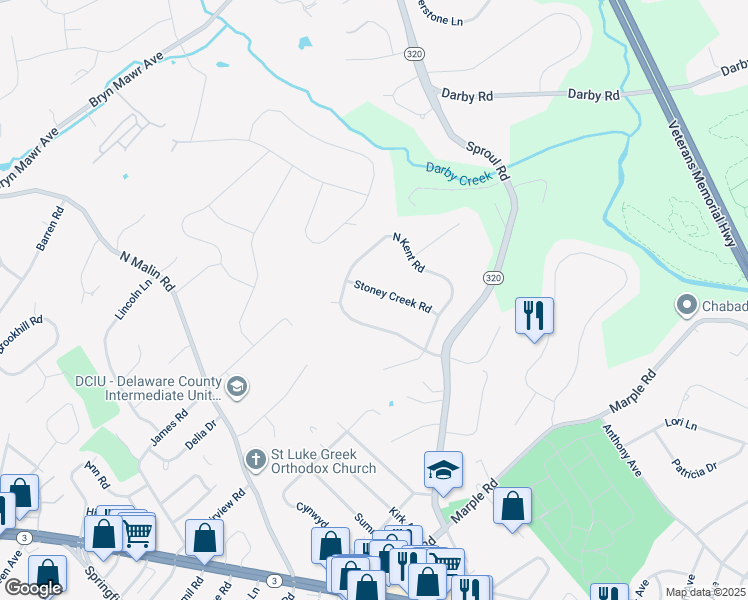 map of restaurants, bars, coffee shops, grocery stores, and more near 2732 Stoney Creek Road in Broomall