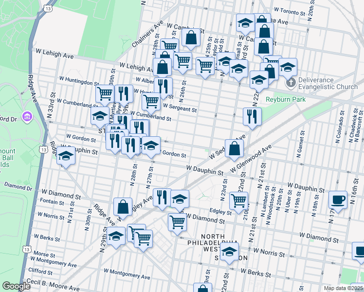 map of restaurants, bars, coffee shops, grocery stores, and more near 2526 West York Street in Philadelphia