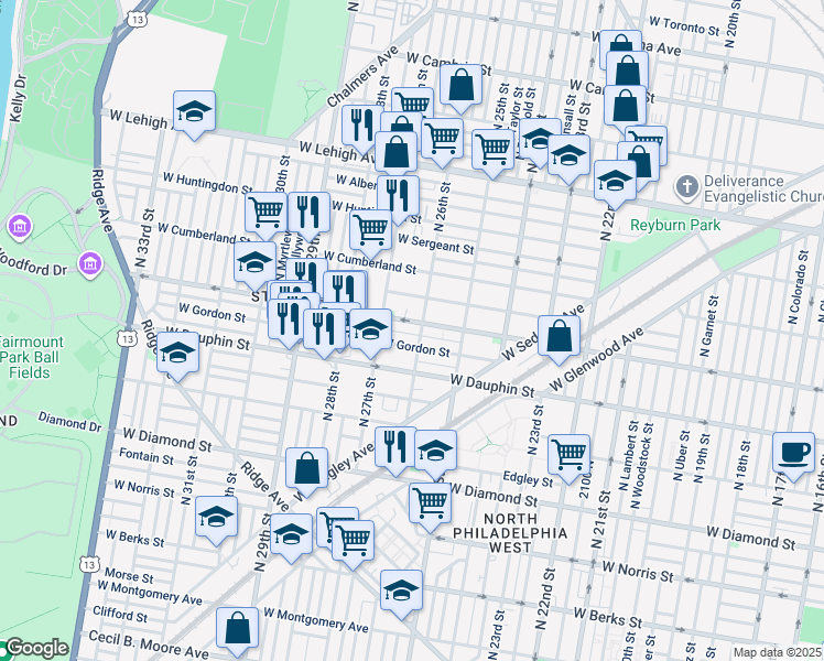 map of restaurants, bars, coffee shops, grocery stores, and more near 2609 West Arizona Street in Philadelphia