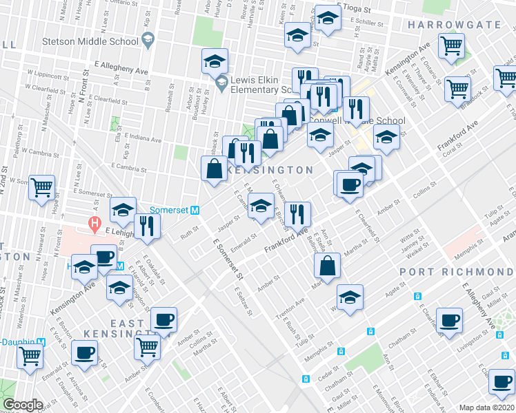 map of restaurants, bars, coffee shops, grocery stores, and more near 1902 East Monmouth Street in Philadelphia