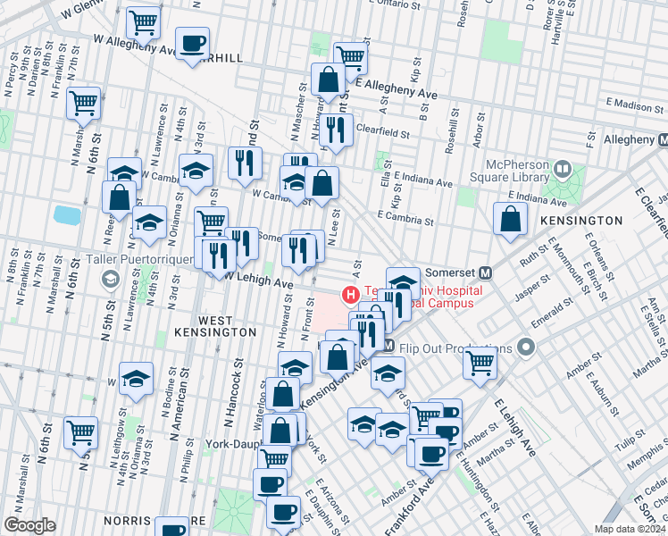 map of restaurants, bars, coffee shops, grocery stores, and more near 16 East Silver Street in Philadelphia