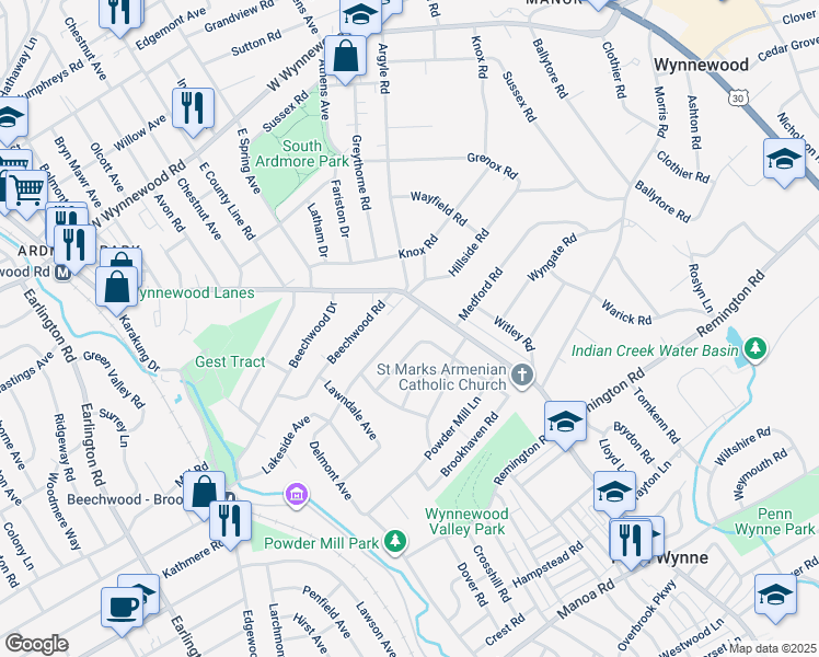 map of restaurants, bars, coffee shops, grocery stores, and more near 911 Delmont Drive in Penn Wynne
