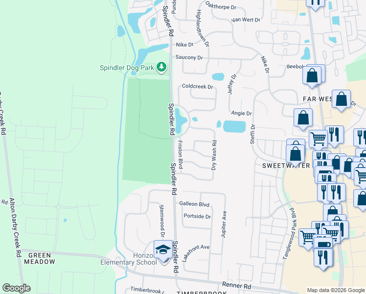 map of restaurants, bars, coffee shops, grocery stores, and more near 5842 Stonepath Drive in Hilliard