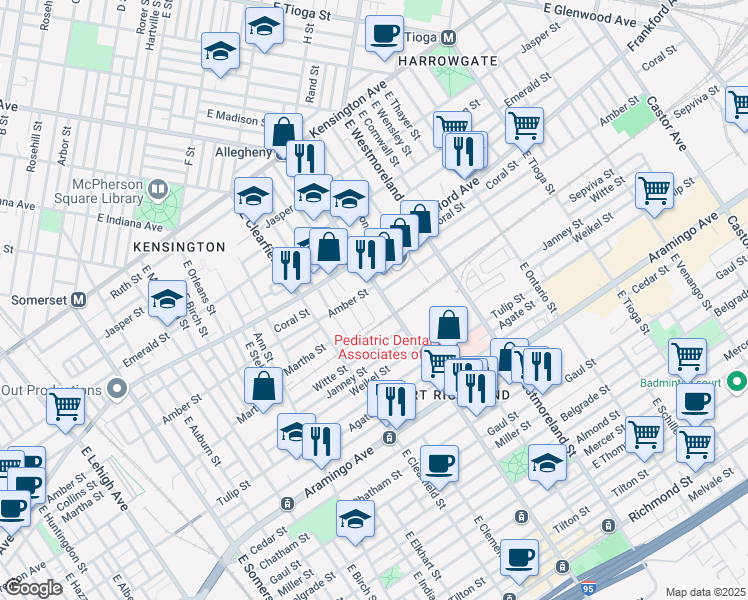 map of restaurants, bars, coffee shops, grocery stores, and more near 2100 East Allegheny Avenue in Philadelphia