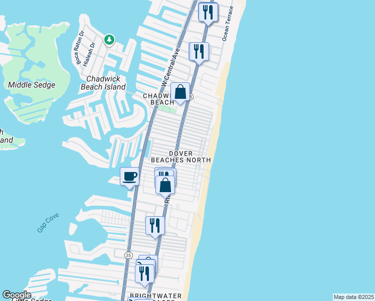 map of restaurants, bars, coffee shops, grocery stores, and more near 31 East Pelican Way in Lavallette