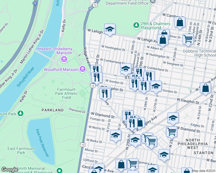 map of restaurants, bars, coffee shops, grocery stores, and more near 3127 West Dauphin Street in Philadelphia