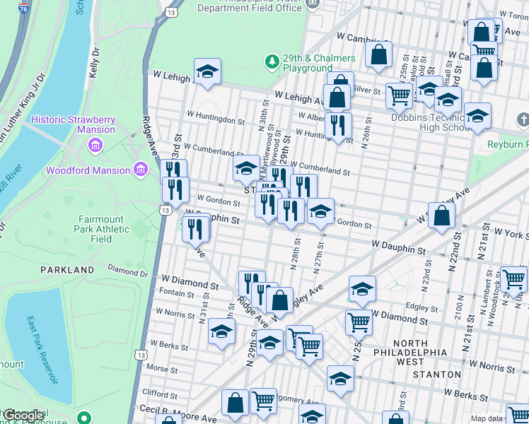 map of restaurants, bars, coffee shops, grocery stores, and more near 2914 West Gordon Street in Philadelphia