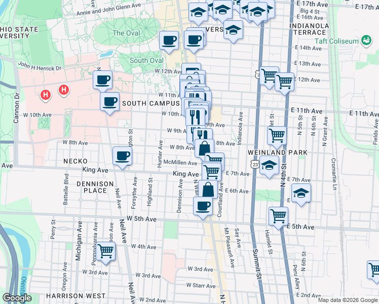 map of restaurants, bars, coffee shops, grocery stores, and more near 1423 North High Street in Columbus