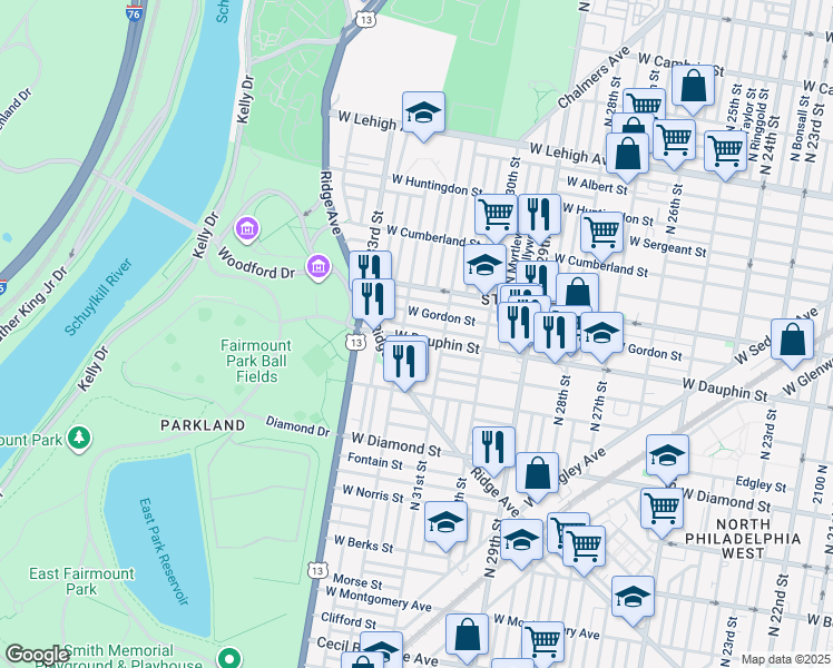 map of restaurants, bars, coffee shops, grocery stores, and more near 3127 West Dauphin Street in Philadelphia