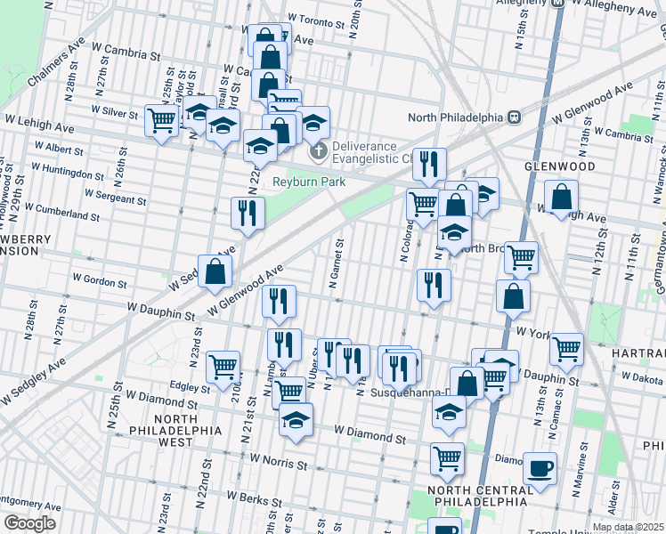 map of restaurants, bars, coffee shops, grocery stores, and more near 2454 North Garnet Street in Philadelphia