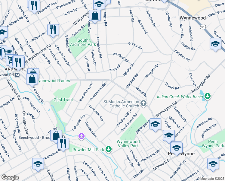 map of restaurants, bars, coffee shops, grocery stores, and more near 911 Delmont Drive in Penn Wynne