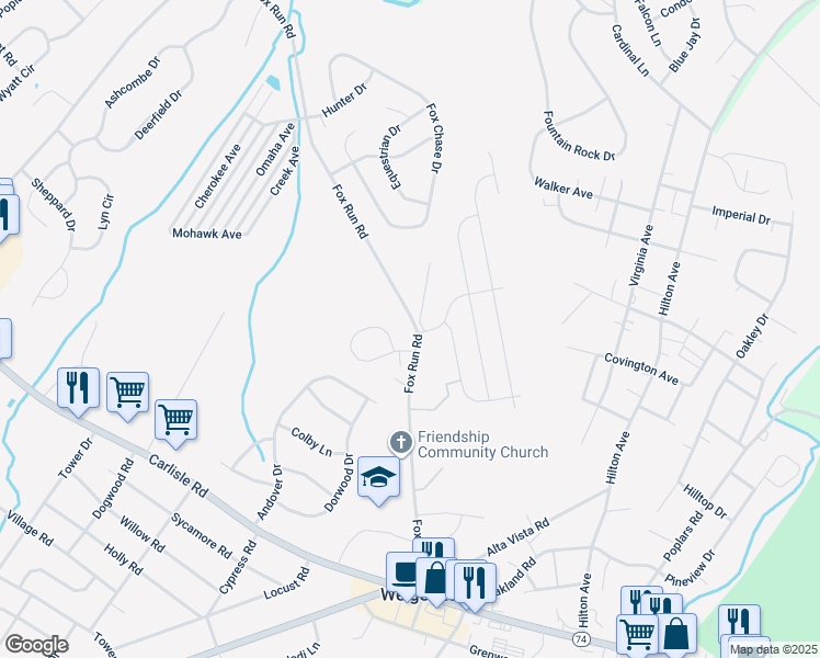 map of restaurants, bars, coffee shops, grocery stores, and more near 3500 Fox Run Road in Dover