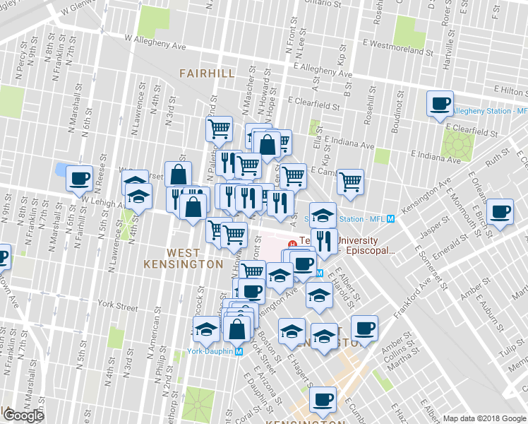 map of restaurants, bars, coffee shops, grocery stores, and more near 14 East Silver Street in Philadelphia