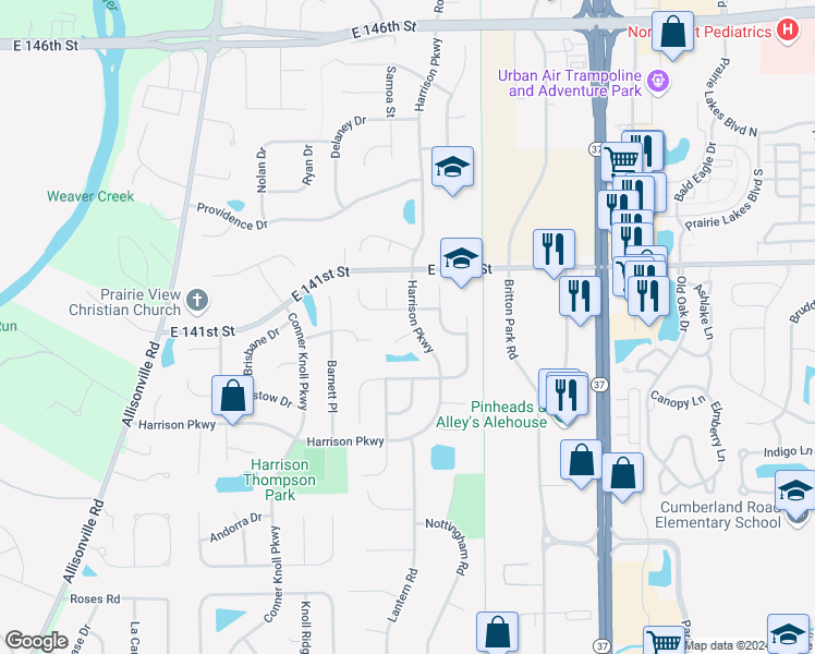 map of restaurants, bars, coffee shops, grocery stores, and more near 8930 Winthrop Place in Fishers