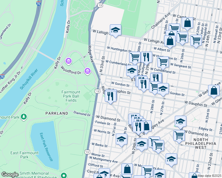 map of restaurants, bars, coffee shops, grocery stores, and more near 2301 North 32nd Street in Philadelphia