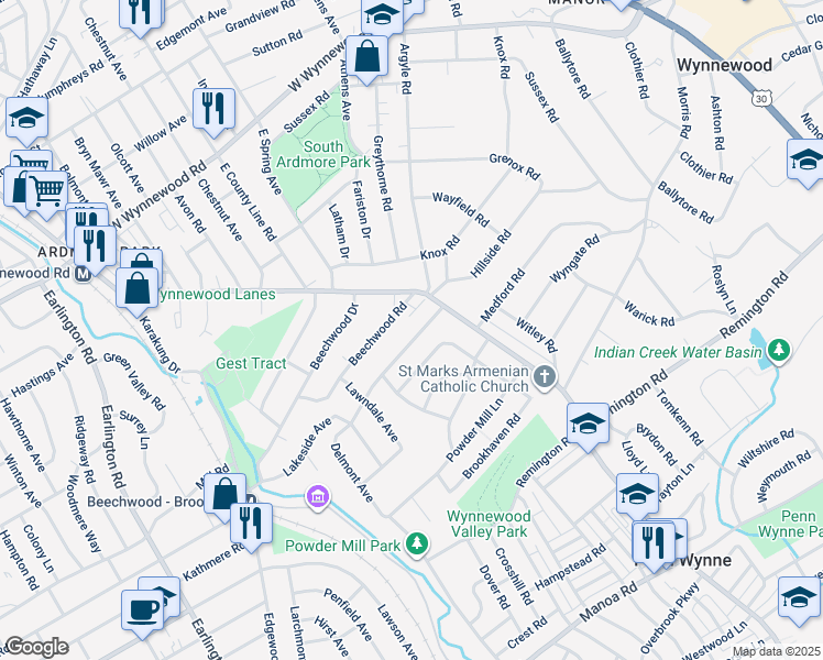 map of restaurants, bars, coffee shops, grocery stores, and more near 900 Delmont Drive in Wynnewood