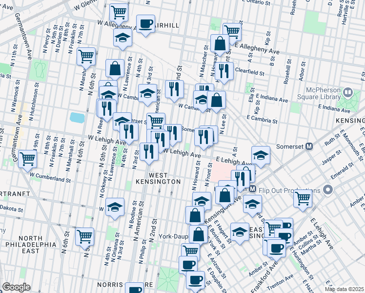 map of restaurants, bars, coffee shops, grocery stores, and more near 161 West Lehigh Avenue in Philadelphia