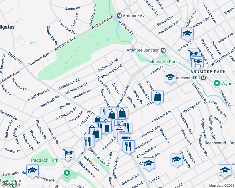 map of restaurants, bars, coffee shops, grocery stores, and more near 2604 Bala Lane in Ardmore