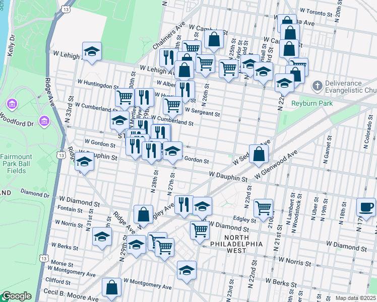 map of restaurants, bars, coffee shops, grocery stores, and more near 2621 West Arizona Street in Philadelphia