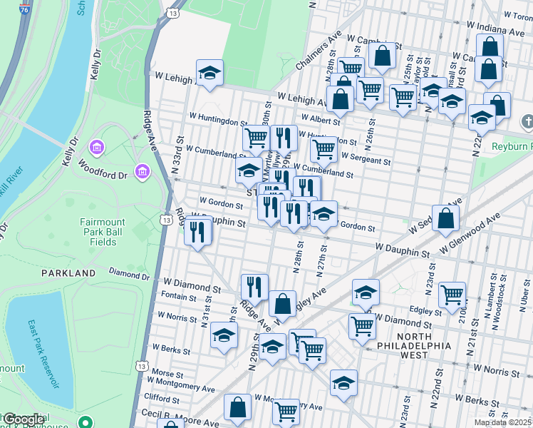map of restaurants, bars, coffee shops, grocery stores, and more near 2916 West Gordon Street in Philadelphia
