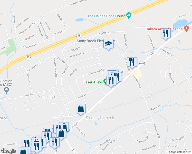 map of restaurants, bars, coffee shops, grocery stores, and more near 3879 Hearthstone Court in York