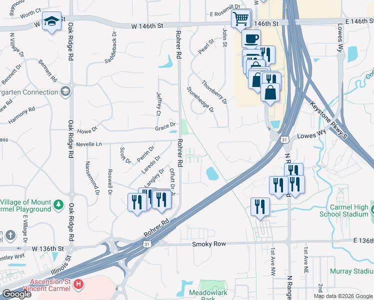 map of restaurants, bars, coffee shops, grocery stores, and more near 1201 Rohrer Road in Carmel