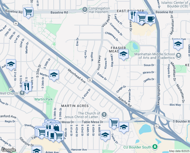 map of restaurants, bars, coffee shops, grocery stores, and more near 100 Inca Parkway in Boulder