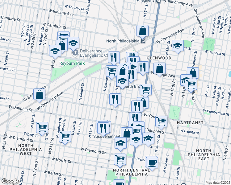 map of restaurants, bars, coffee shops, grocery stores, and more near 2512 North Bancroft Street in Philadelphia