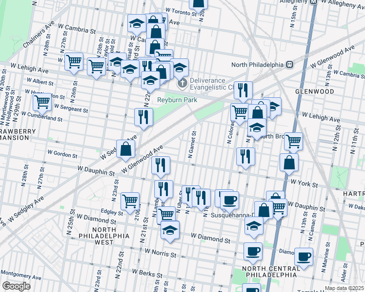 map of restaurants, bars, coffee shops, grocery stores, and more near 2449 North 20th Street in Philadelphia