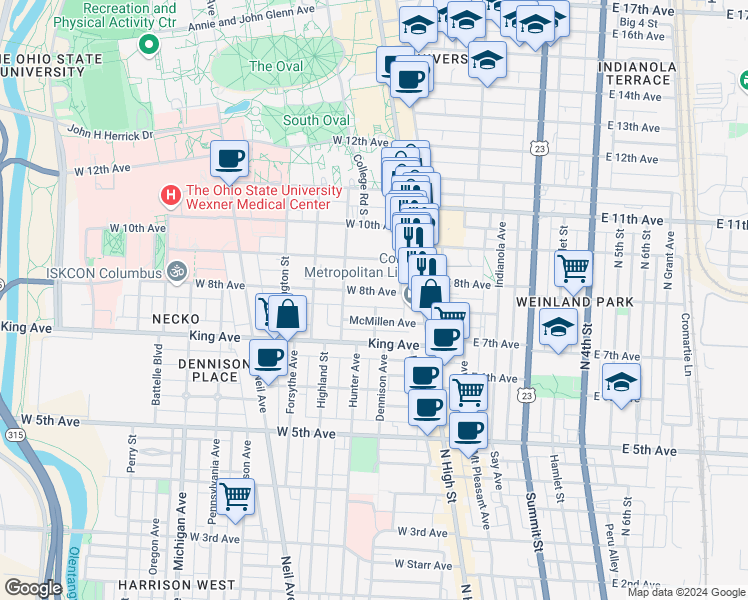 map of restaurants, bars, coffee shops, grocery stores, and more near 69-71 East 8th Avenue in Columbus