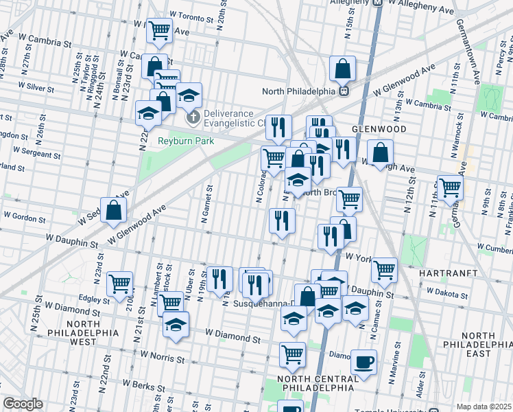 map of restaurants, bars, coffee shops, grocery stores, and more near 2502 North Colorado Street in Philadelphia