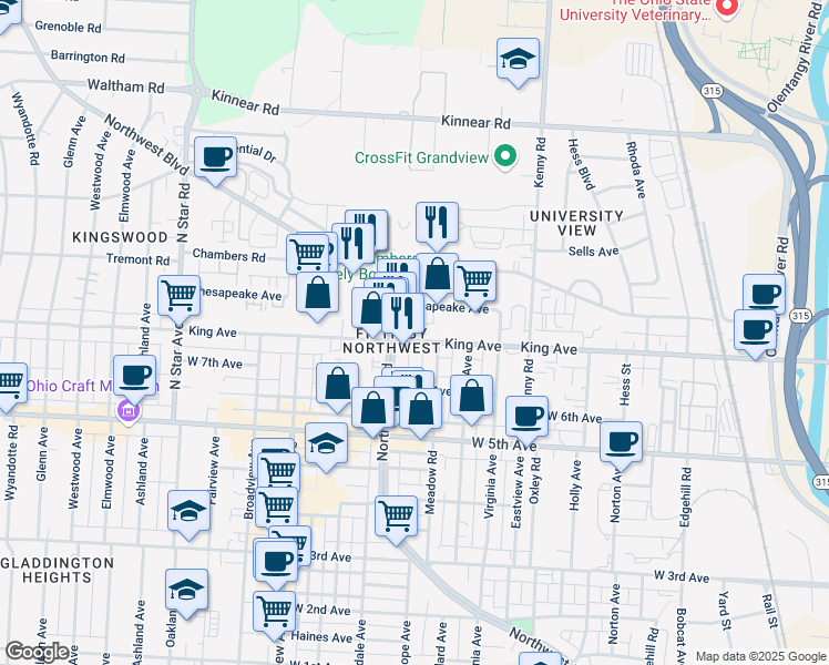 map of restaurants, bars, coffee shops, grocery stores, and more near 1234 King Avenue in Columbus