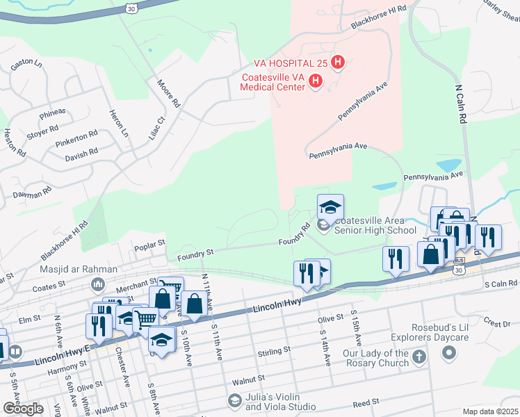 map of restaurants, bars, coffee shops, grocery stores, and more near 63 Foundry Street in Coatesville
