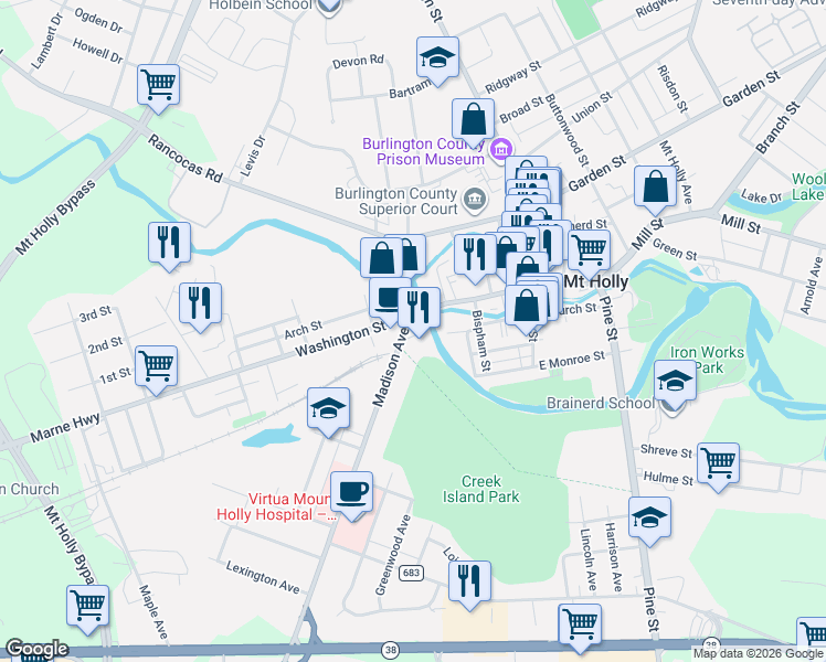 map of restaurants, bars, coffee shops, grocery stores, and more near 19 Madison Avenue in Mount Holly