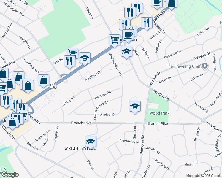 map of restaurants, bars, coffee shops, grocery stores, and more near 817 Heritage Road in Cinnaminson