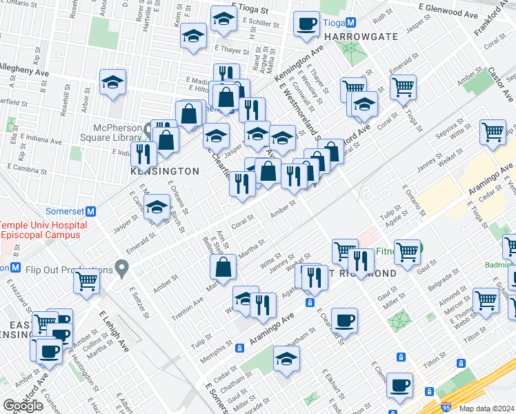 map of restaurants, bars, coffee shops, grocery stores, and more near 2063 East Clearfield Street in Philadelphia