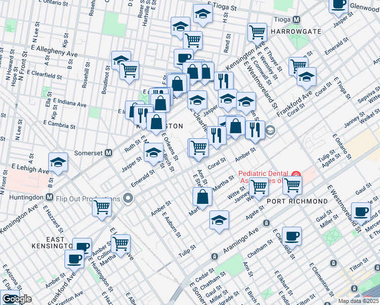 map of restaurants, bars, coffee shops, grocery stores, and more near 2011 East Stella Street in Philadelphia