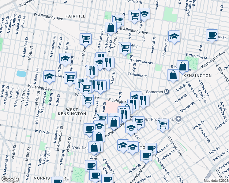 map of restaurants, bars, coffee shops, grocery stores, and more near 105 East Silver Street in Philadelphia