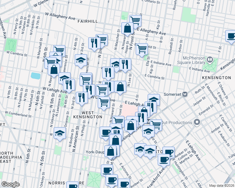 map of restaurants, bars, coffee shops, grocery stores, and more near 131 West Lehigh Avenue in Philadelphia