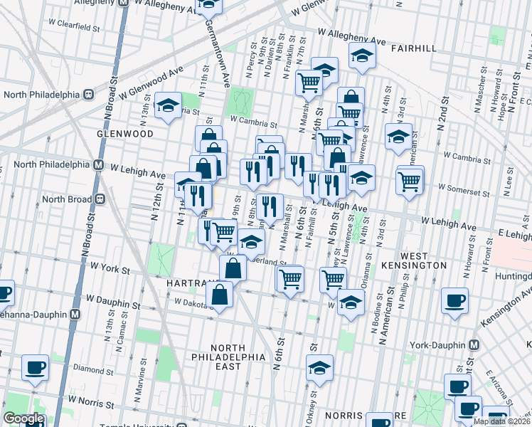 map of restaurants, bars, coffee shops, grocery stores, and more near 2619 North 7th Street in Philadelphia