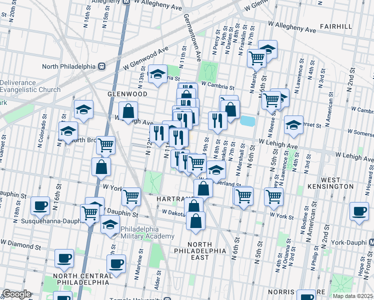 map of restaurants, bars, coffee shops, grocery stores, and more near in Philadelphia