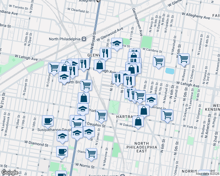 map of restaurants, bars, coffee shops, grocery stores, and more near 2536 North 12th Street in Philadelphia