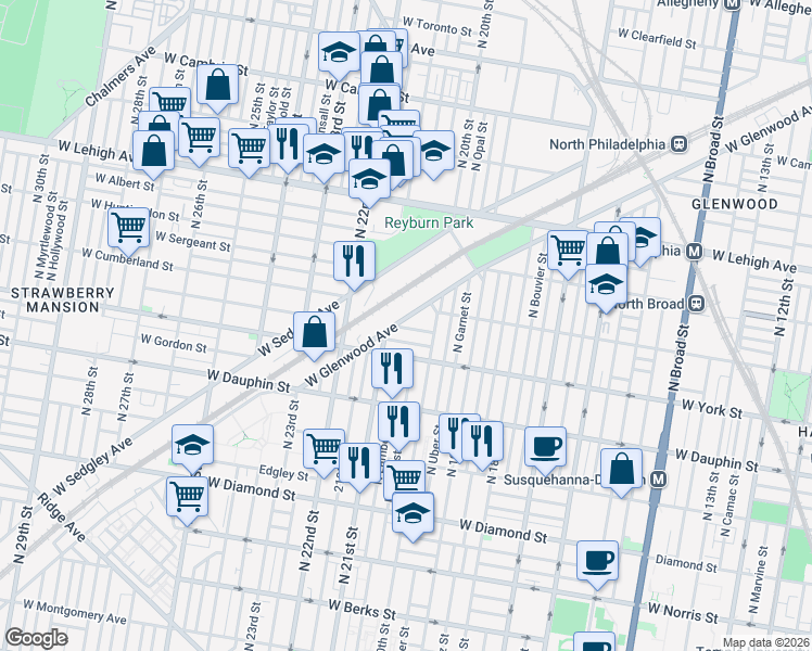 map of restaurants, bars, coffee shops, grocery stores, and more near 2070 West Glenwood Avenue in Philadelphia